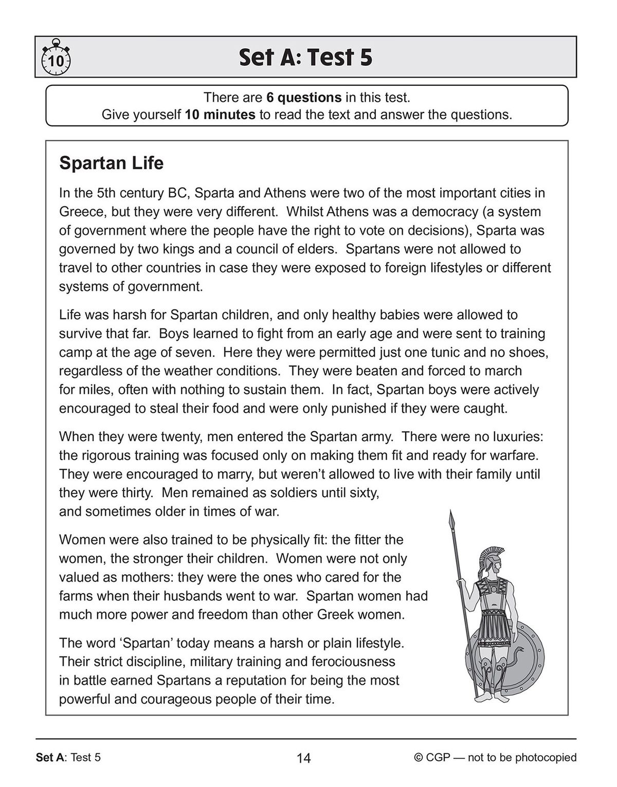 Test instructions page showing Set A Test 5 header with timing guidance