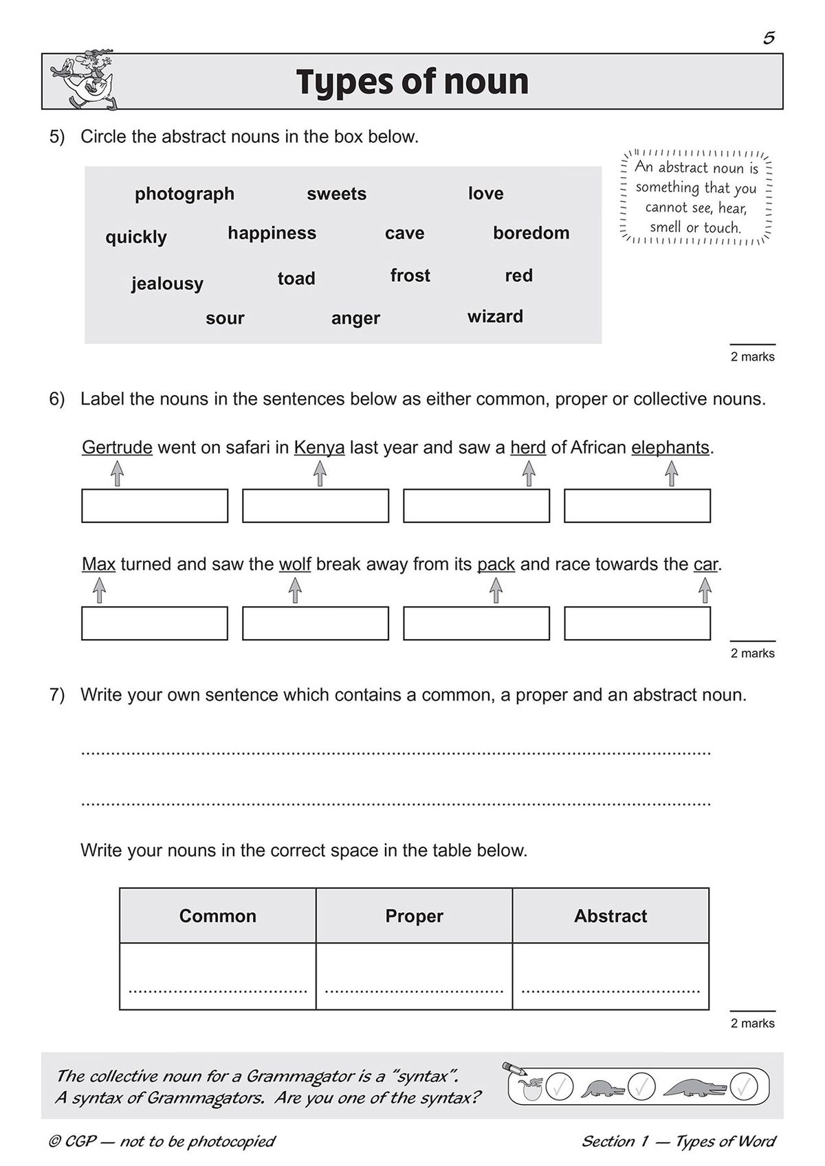 Inside pages showing types of noun exercises with clear instructions and self-assessment boxes
