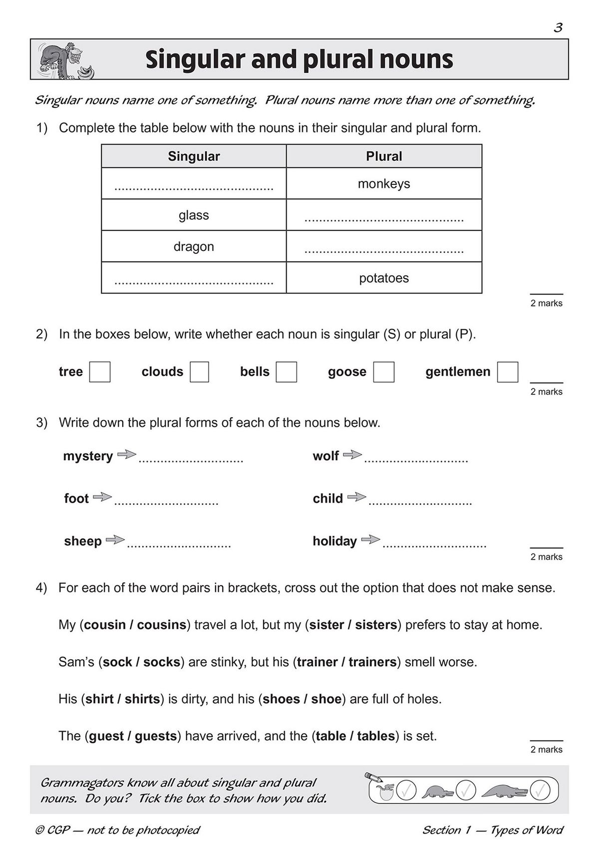 Sample exercises on singular and plural nouns with fill-in-the-blank tables and multiple-choice options