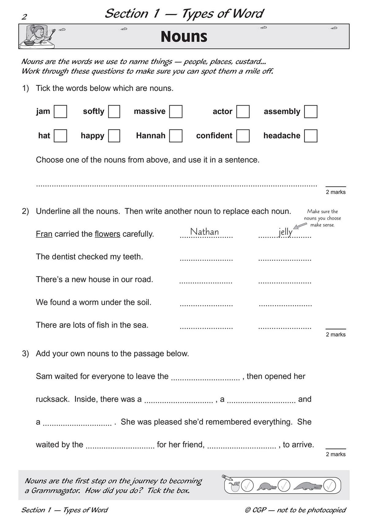 Sample grammar practice page showing noun exercises with tick boxes and clear instructions