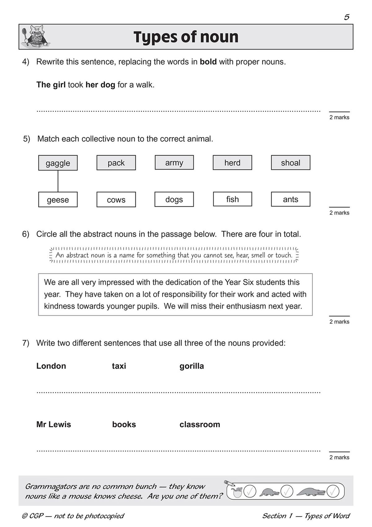 Grammar workbook page covering types of nouns including proper, collective and abstract nouns