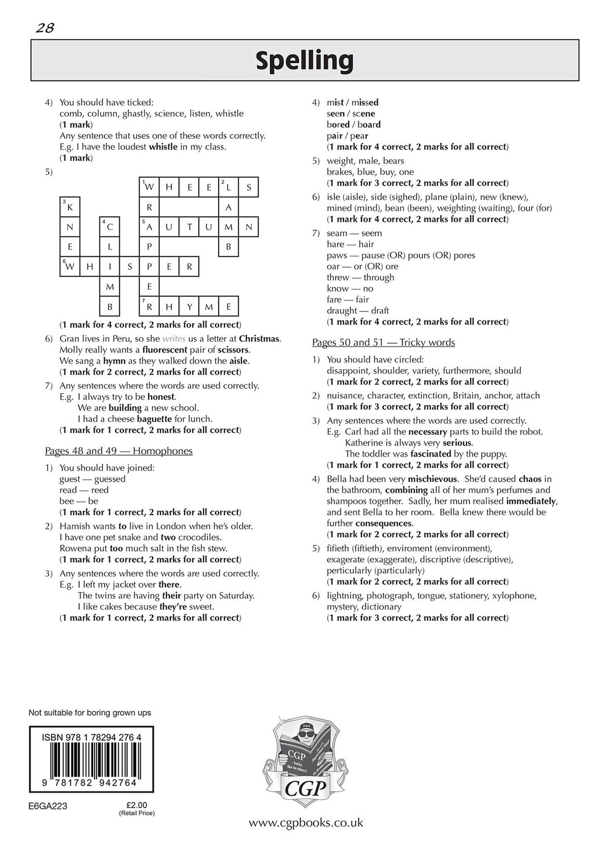 Sample answer page showing spelling questions with mark schemes and word lists