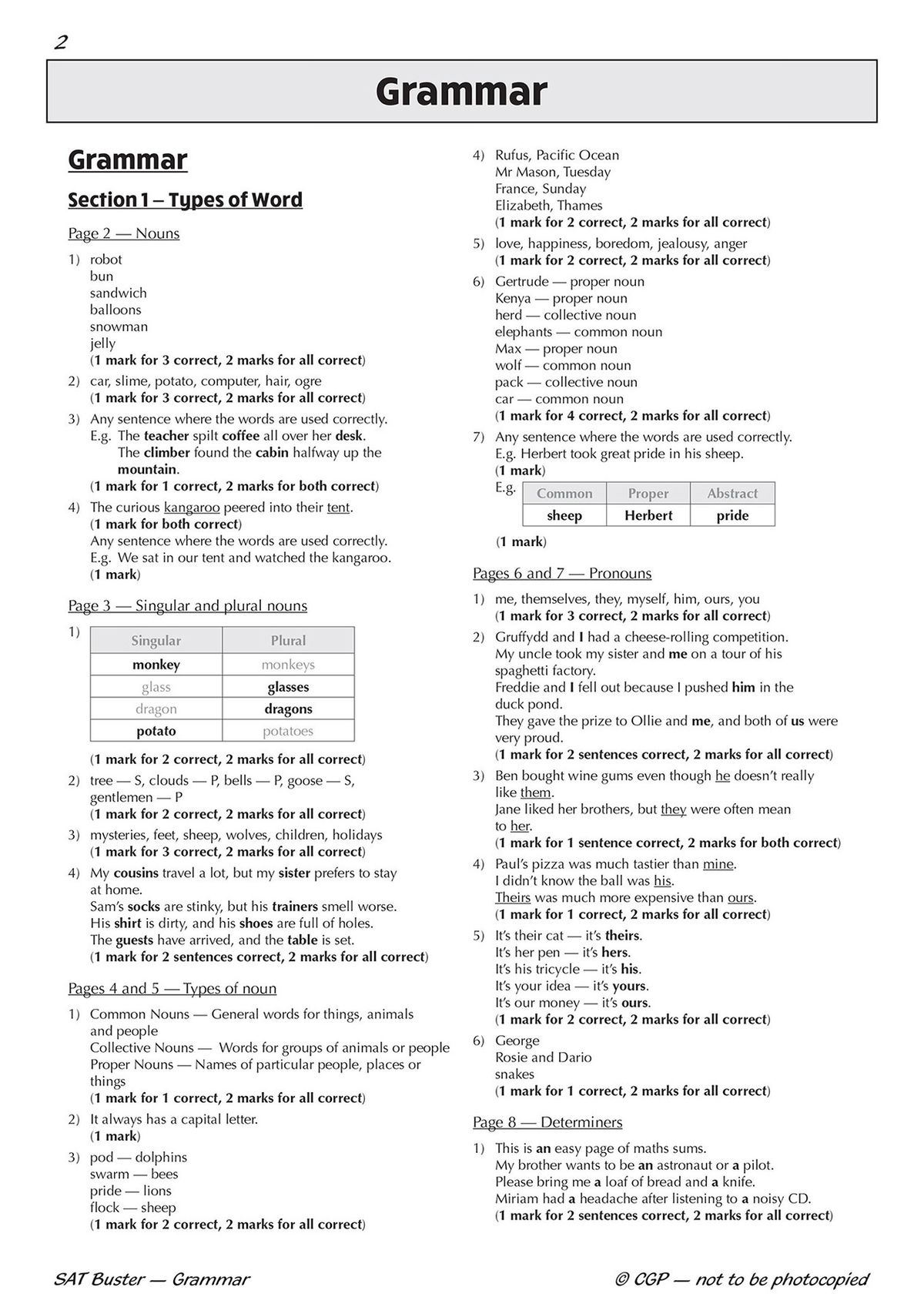 Sample answer page showing grammar mark scheme for types of words and nouns