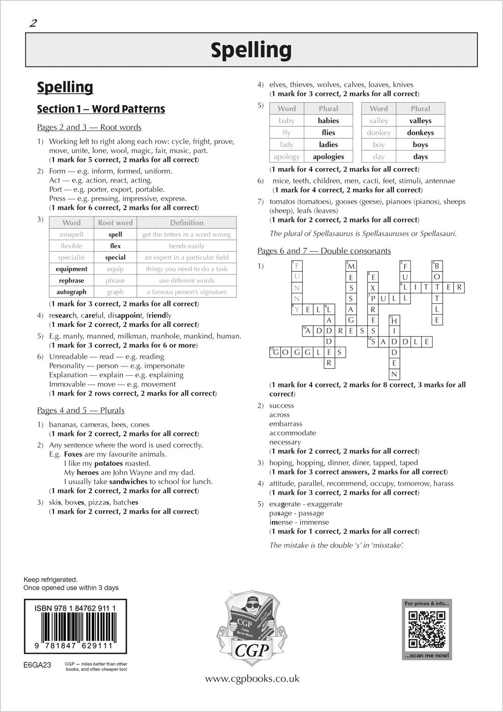 Sample answer page showing spelling mark scheme for word patterns and plurals