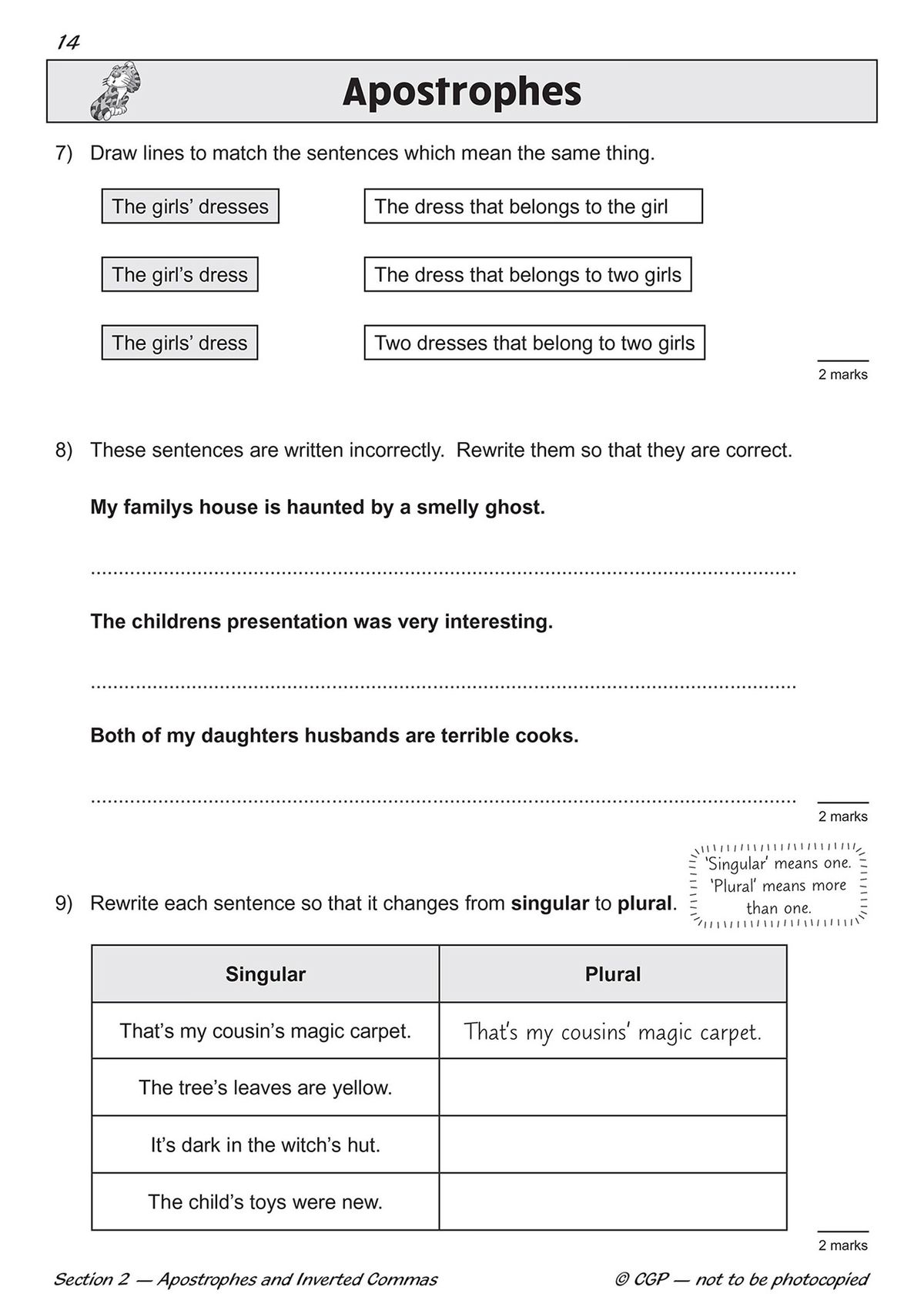 Sample page showing apostrophe exercises with multiple-choice and sentence rewriting tasks