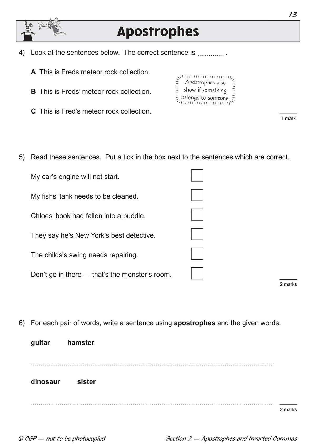 Another sample page featuring apostrophe matching exercises and sentence conversion from singular to plural