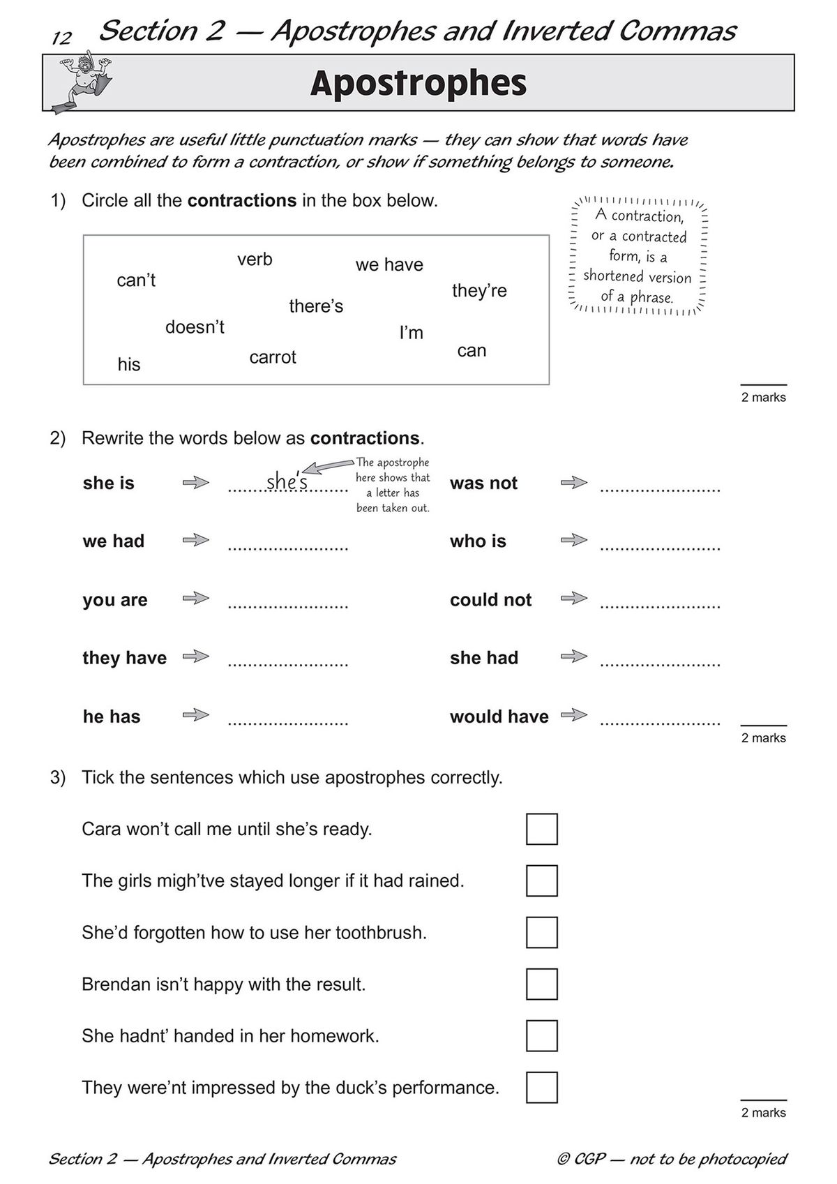 Inside page showing apostrophe exercises with contractions and tick-box questions