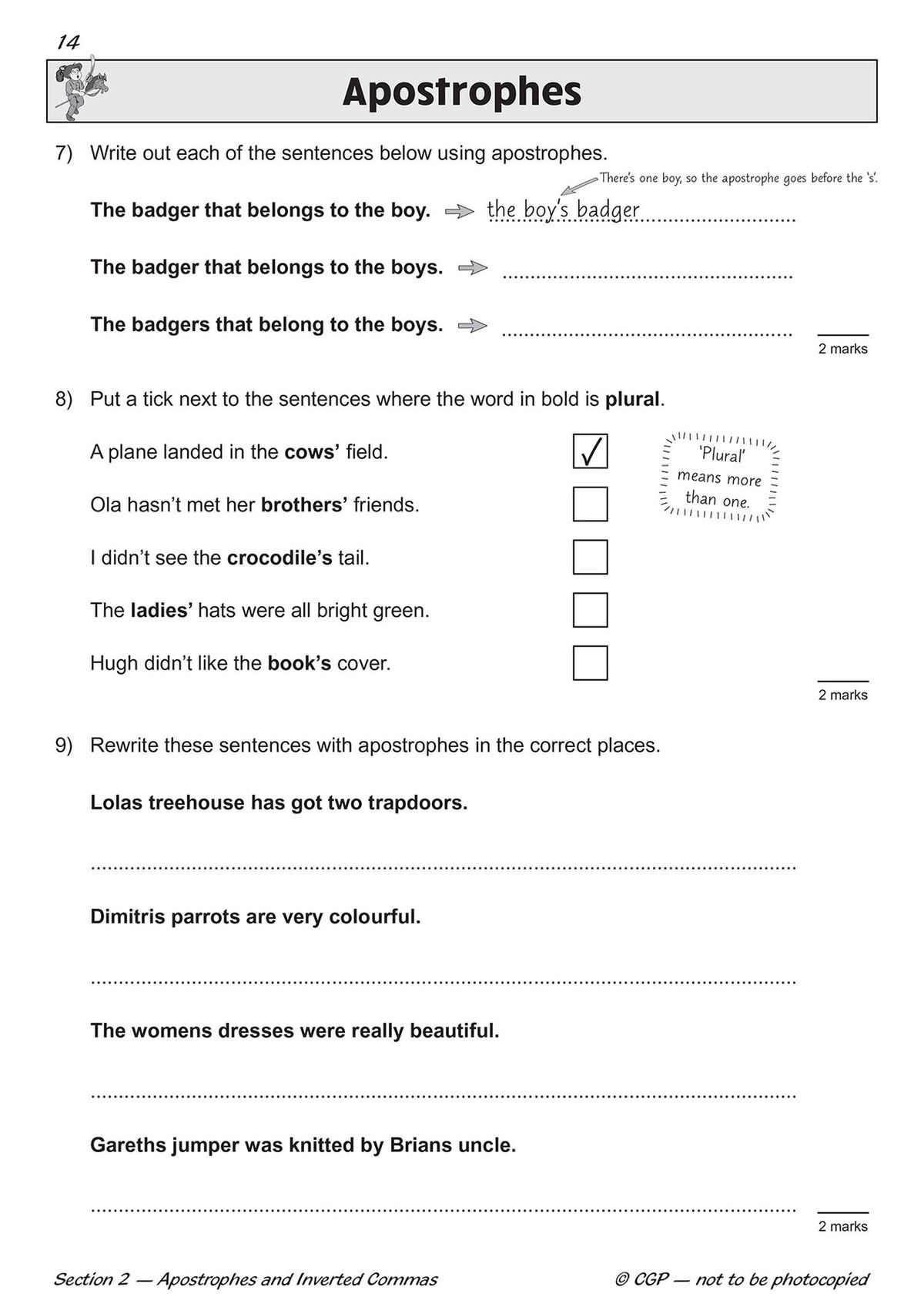 Workbook page showing apostrophe questions for possession and plural forms with worked examples