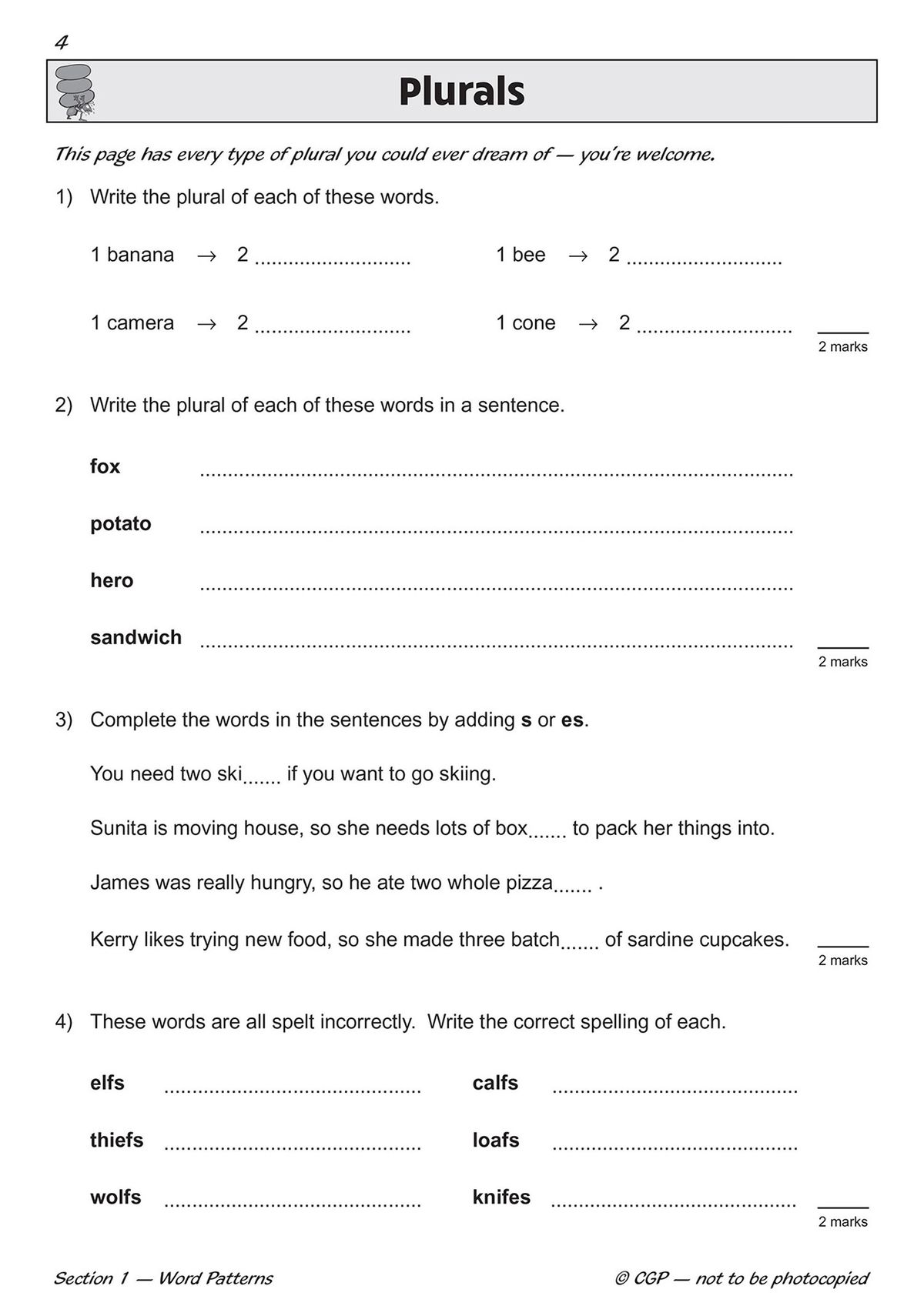 Sample spelling exercise page showing plurals practice questions