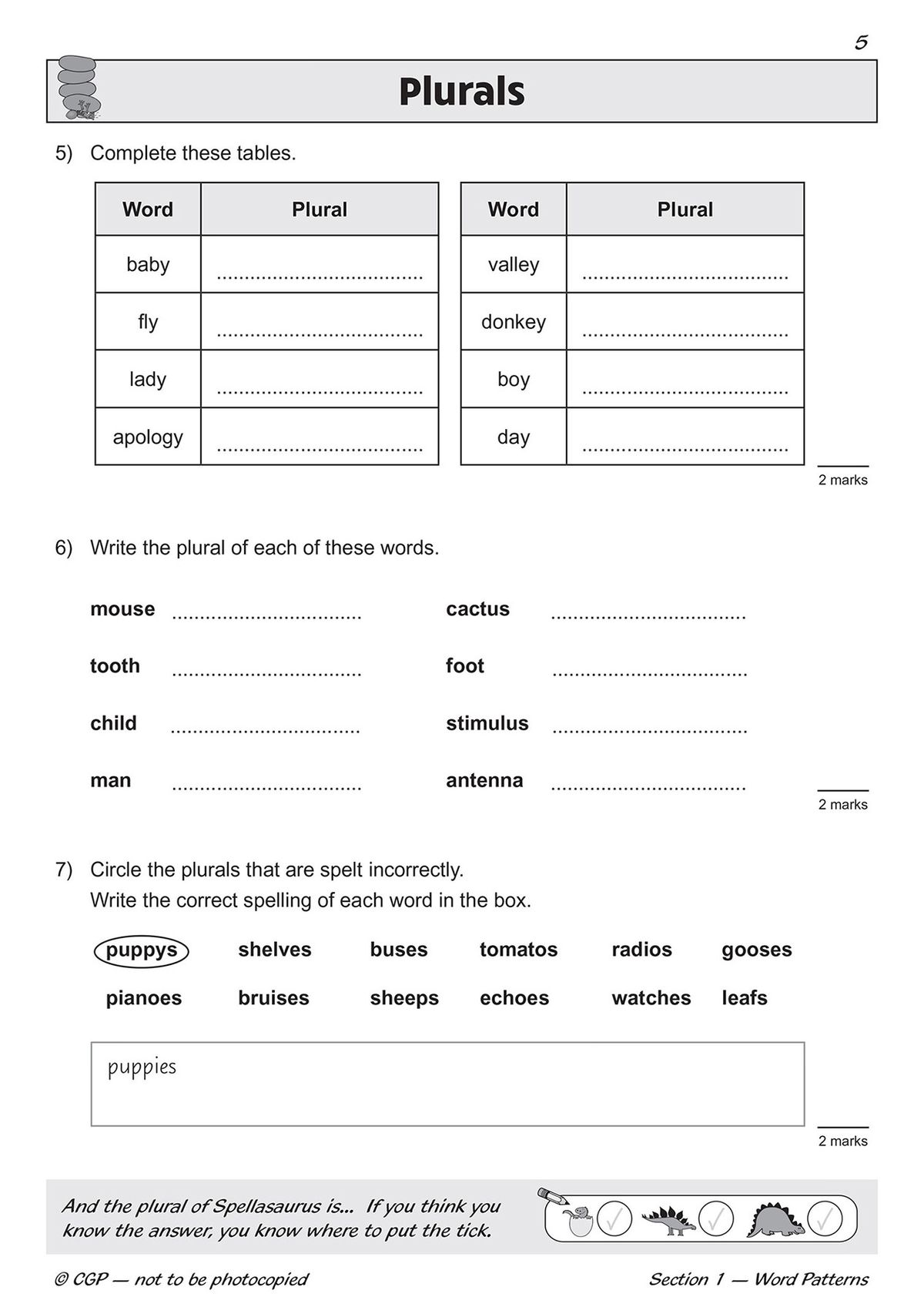 Additional spelling practice page showing word tables and correction exercises