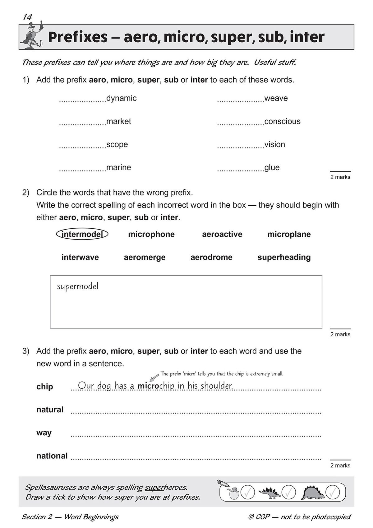 Sample page showing prefixes exercises including aero, micro, super, sub and inter
