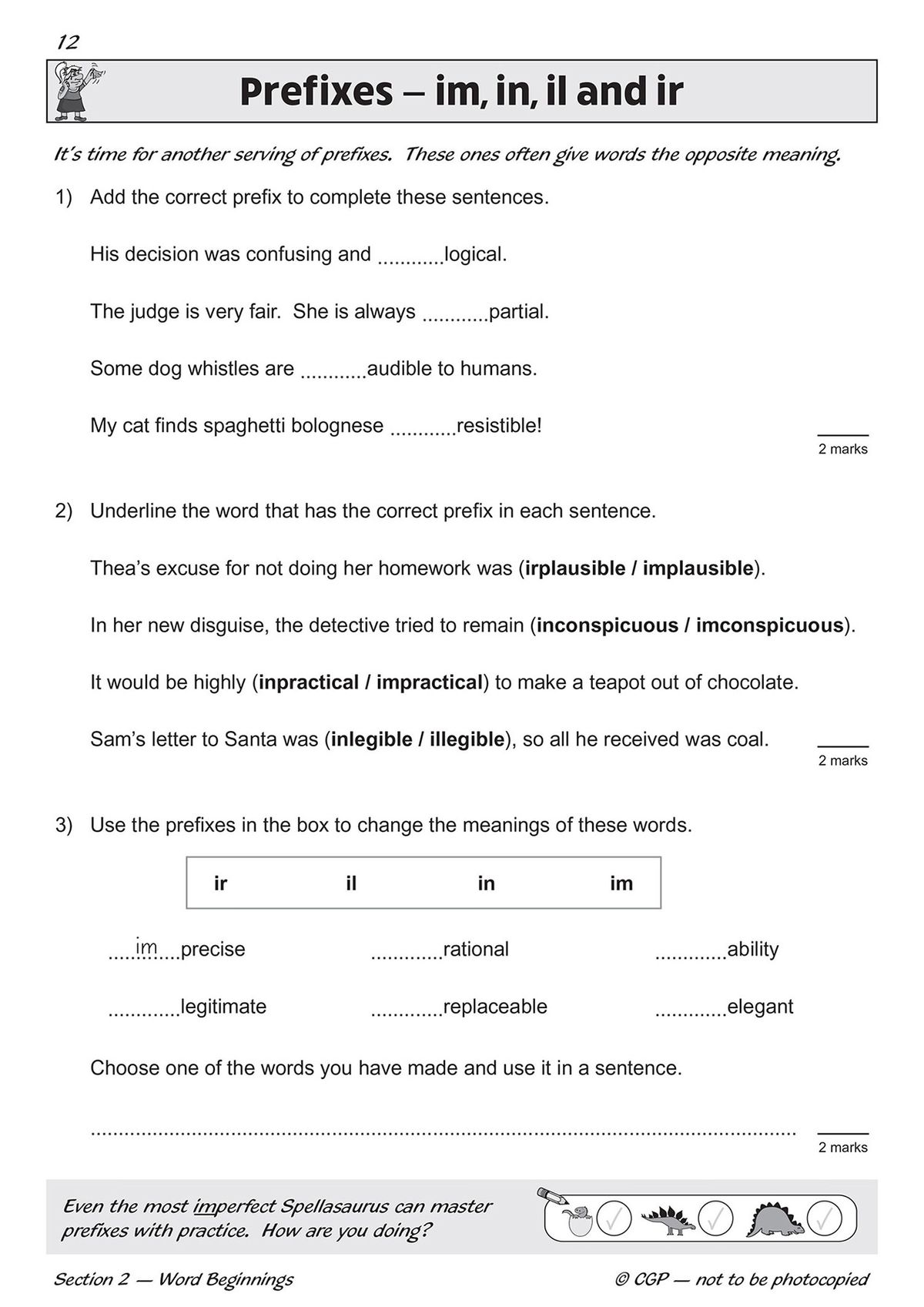 Sample page demonstrating prefix practice with im, in, il and ir