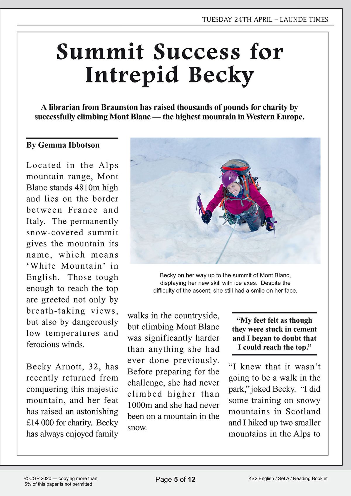 Sample page from KS2 English SATS Practice Papers showing a newspaper article about a librarian climbing Mont Blanc