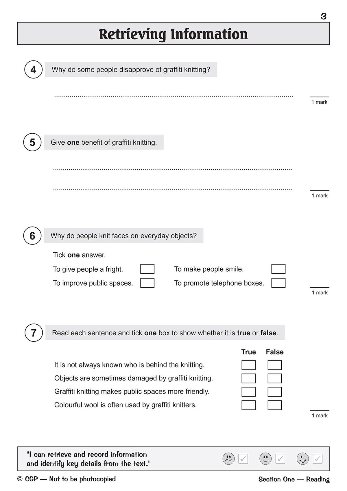 Sample reading comprehension question page from the KS2 English SATS Question Book showing retrieving information tasks