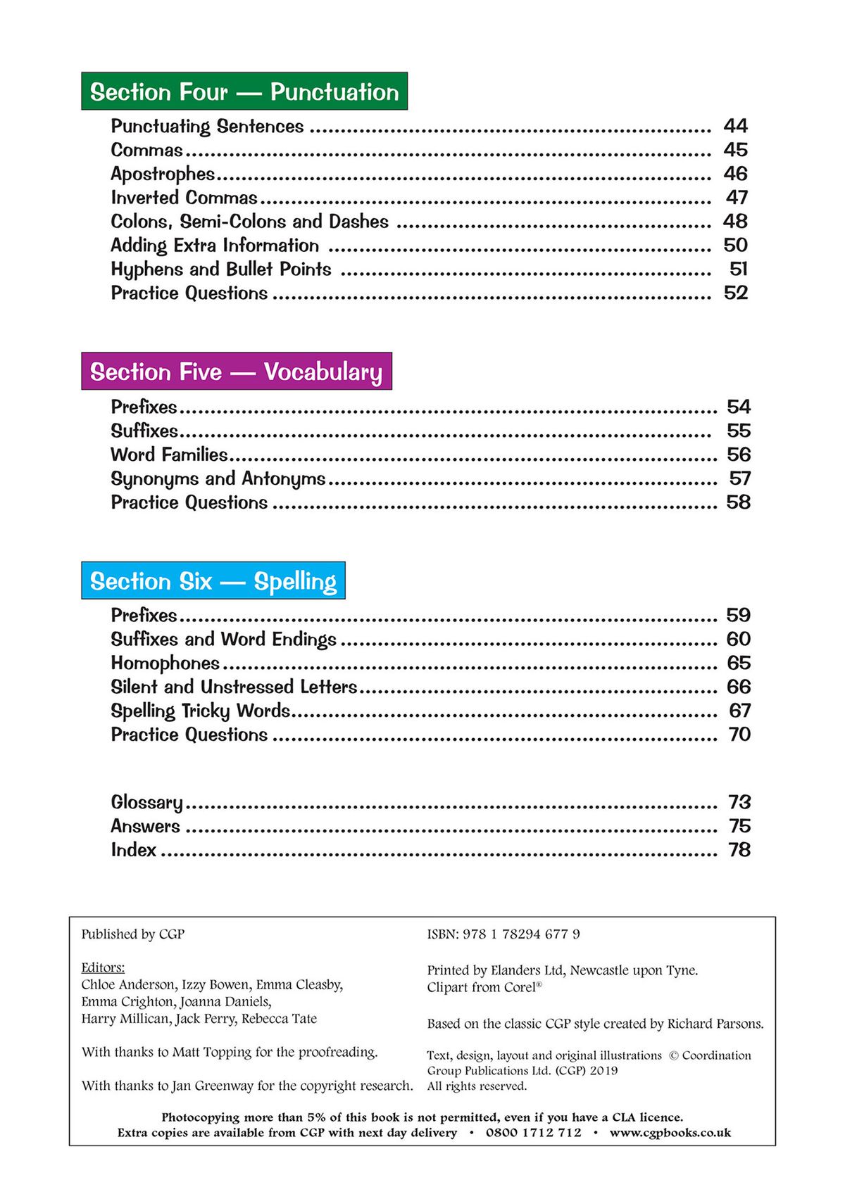 Contents page showing sections on punctuation, vocabulary, and spelling with page numbers