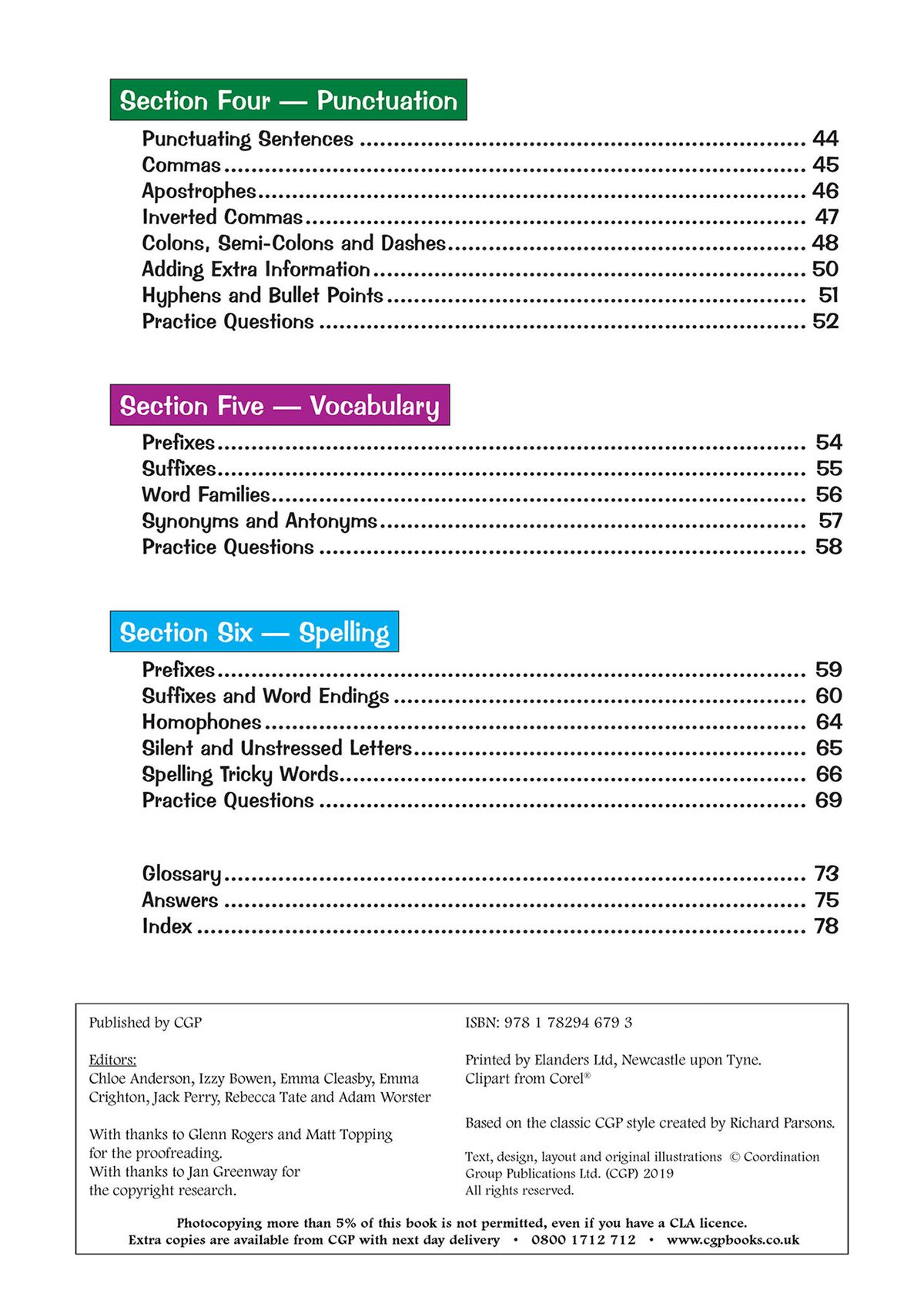 Contents page showing punctuation, vocabulary and spelling sections