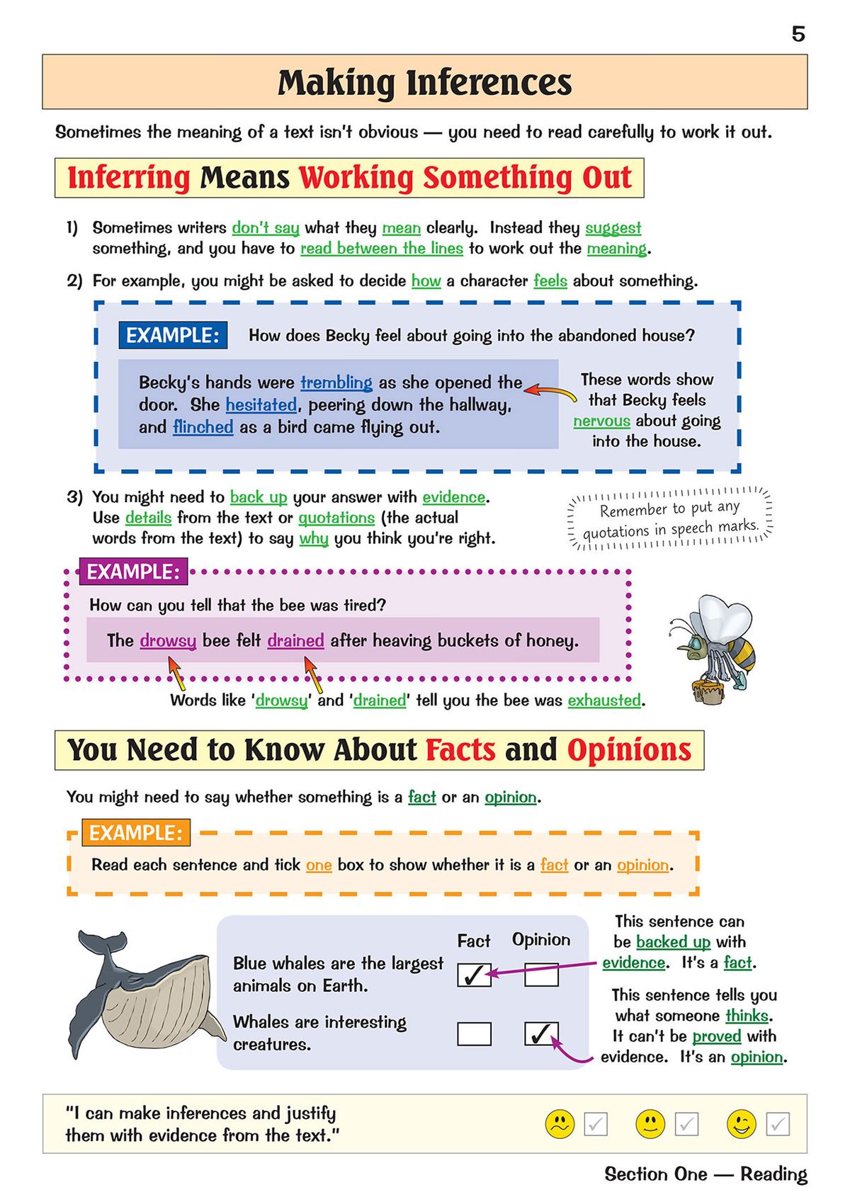 Sample page on making inferences with worked examples and practice tasks