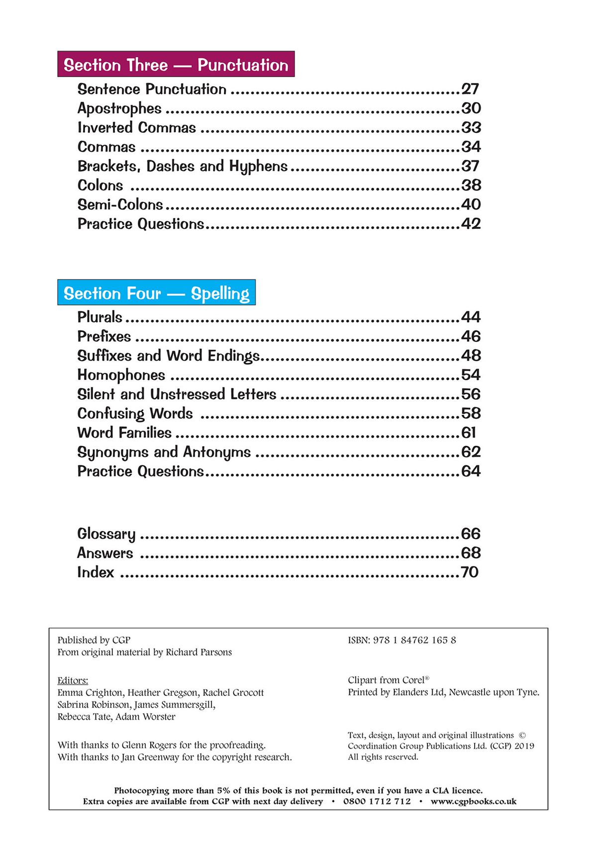 Table of contents showing punctuation and spelling sections