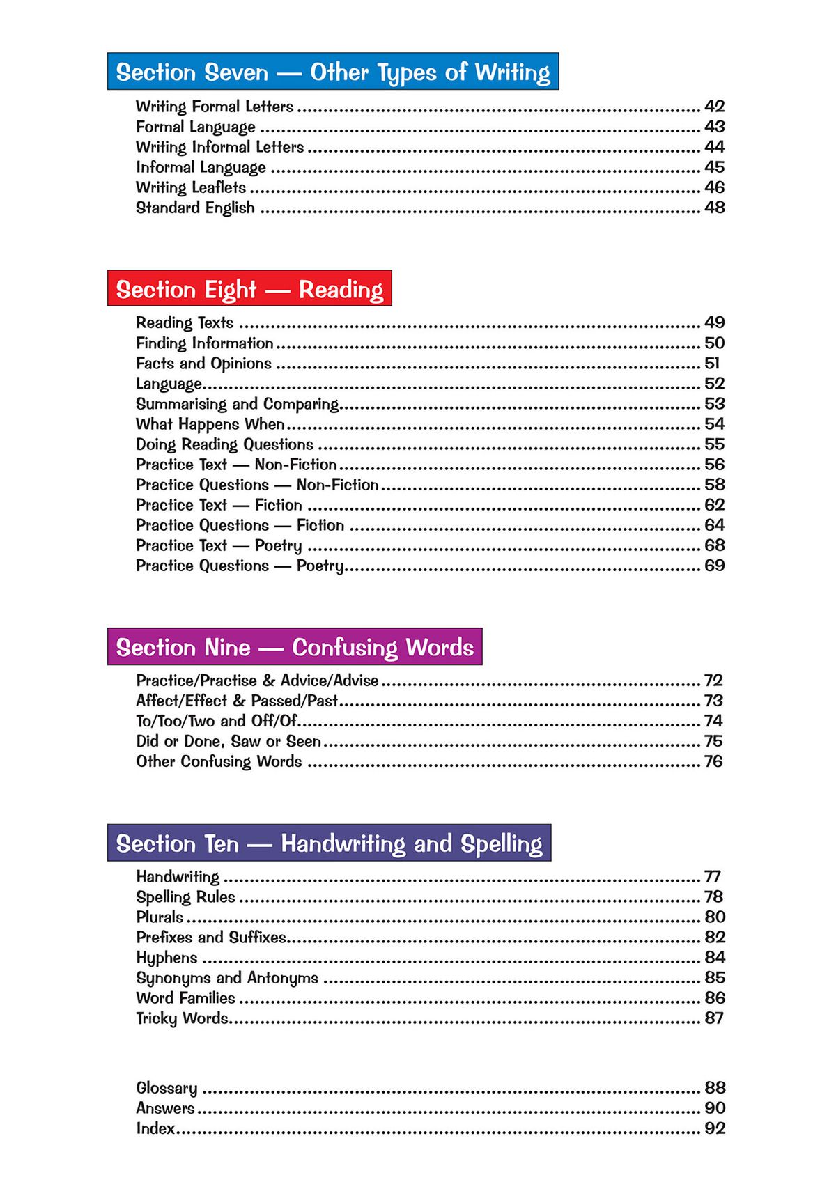 Inside page showing pronouns explained with colourful illustrations and examples