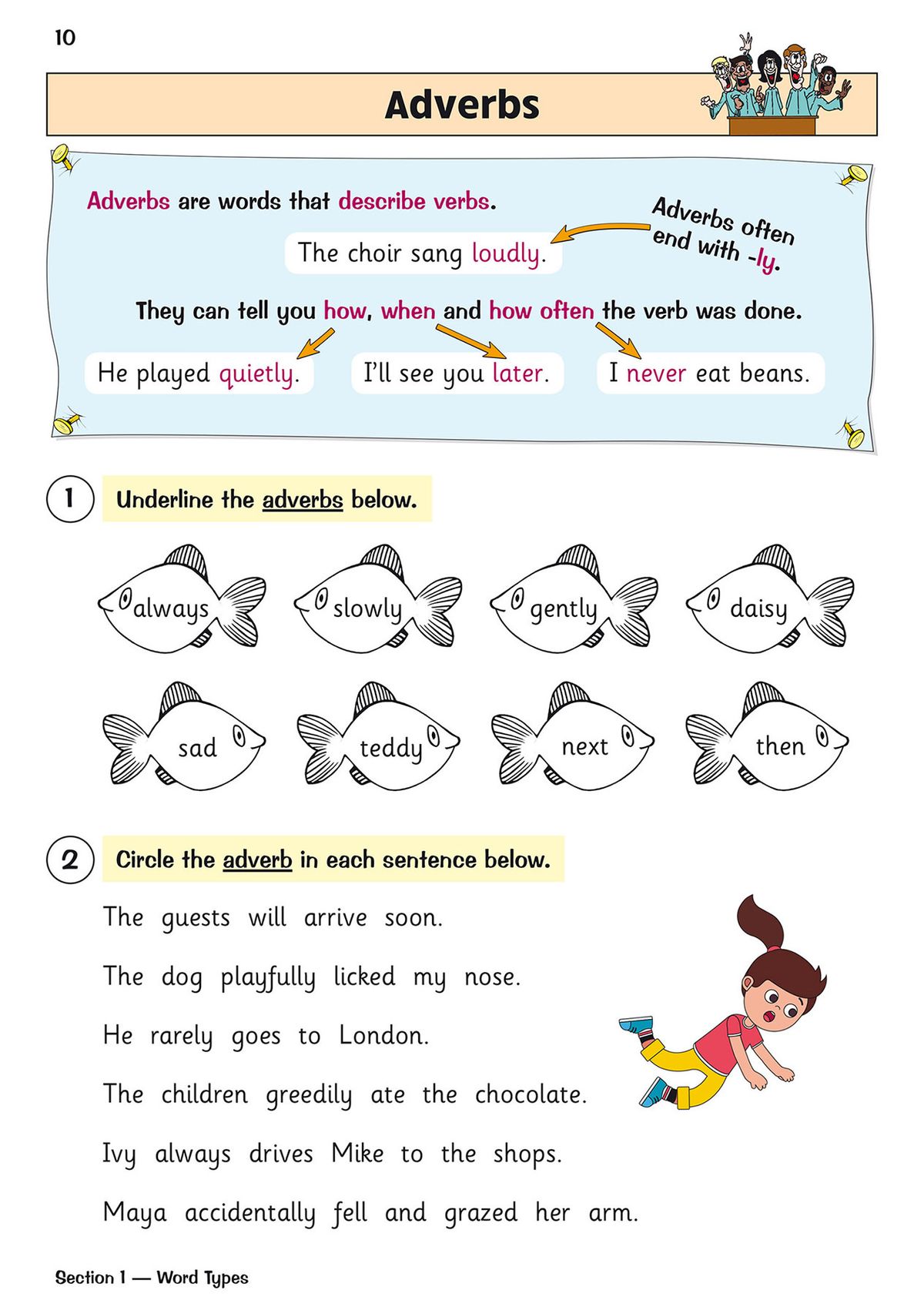 Year 3 workbook page explaining adverbs with clear examples and engaging illustrations