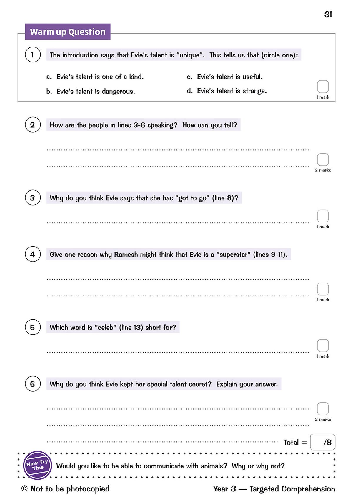 Sample page showing a warm-up question and several comprehension questions with answer spaces