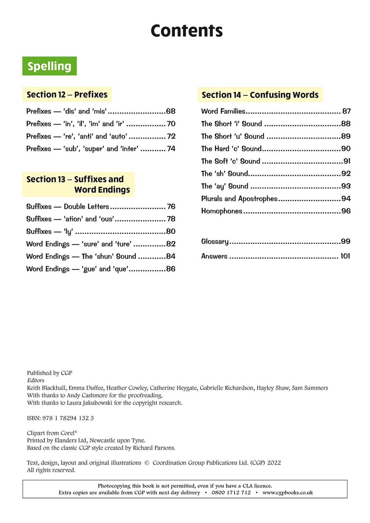 Contents page showing spelling topics including prefixes, suffixes, confusing words and word endings