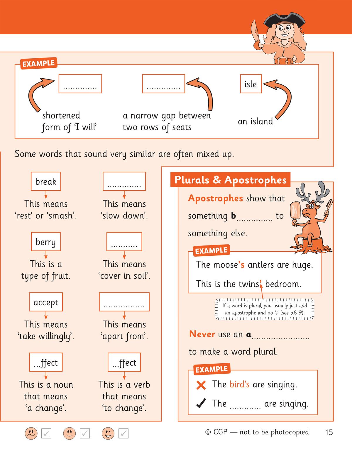 Page showing homophones exercises, plurals and apostrophes rules with worked examples and practice boxes