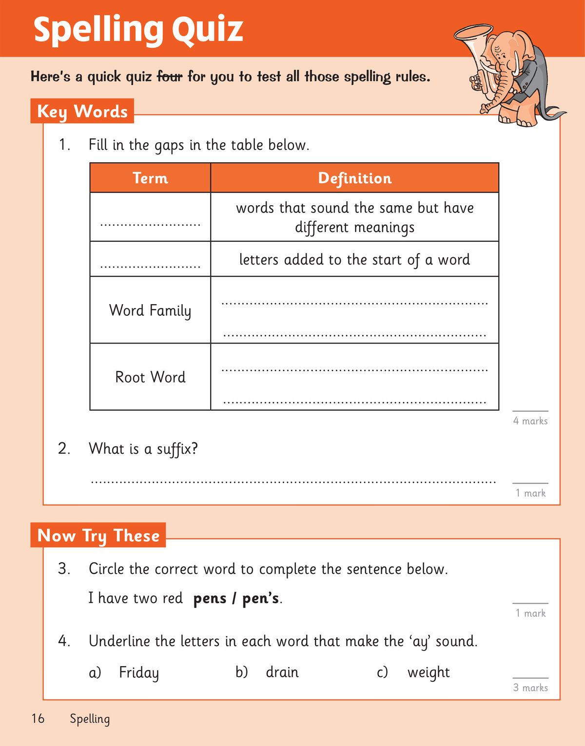 Spelling quiz page with fill-in key words, definitions and exercises on homophones, prefixes, suffixes and word families