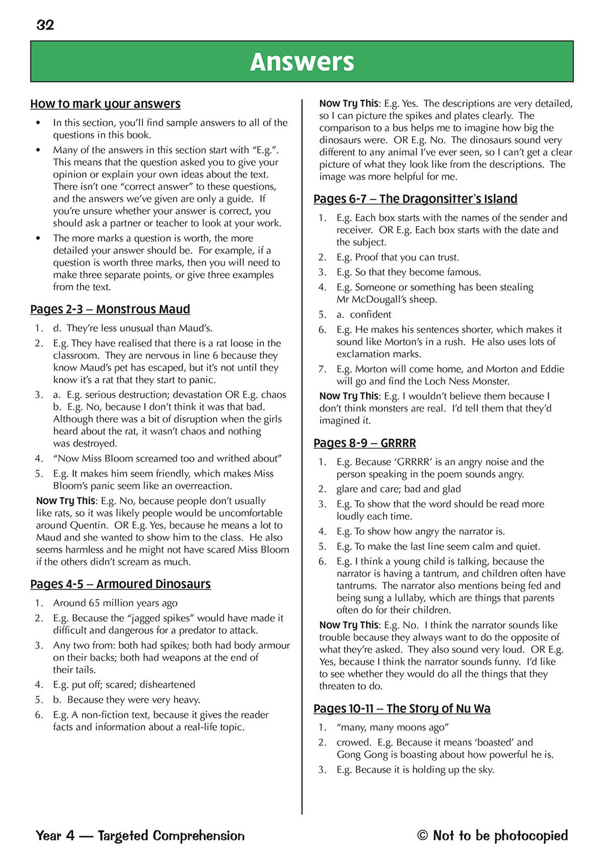 Answers section from the workbook showing detailed sample responses and marking guidance for multiple comprehension texts