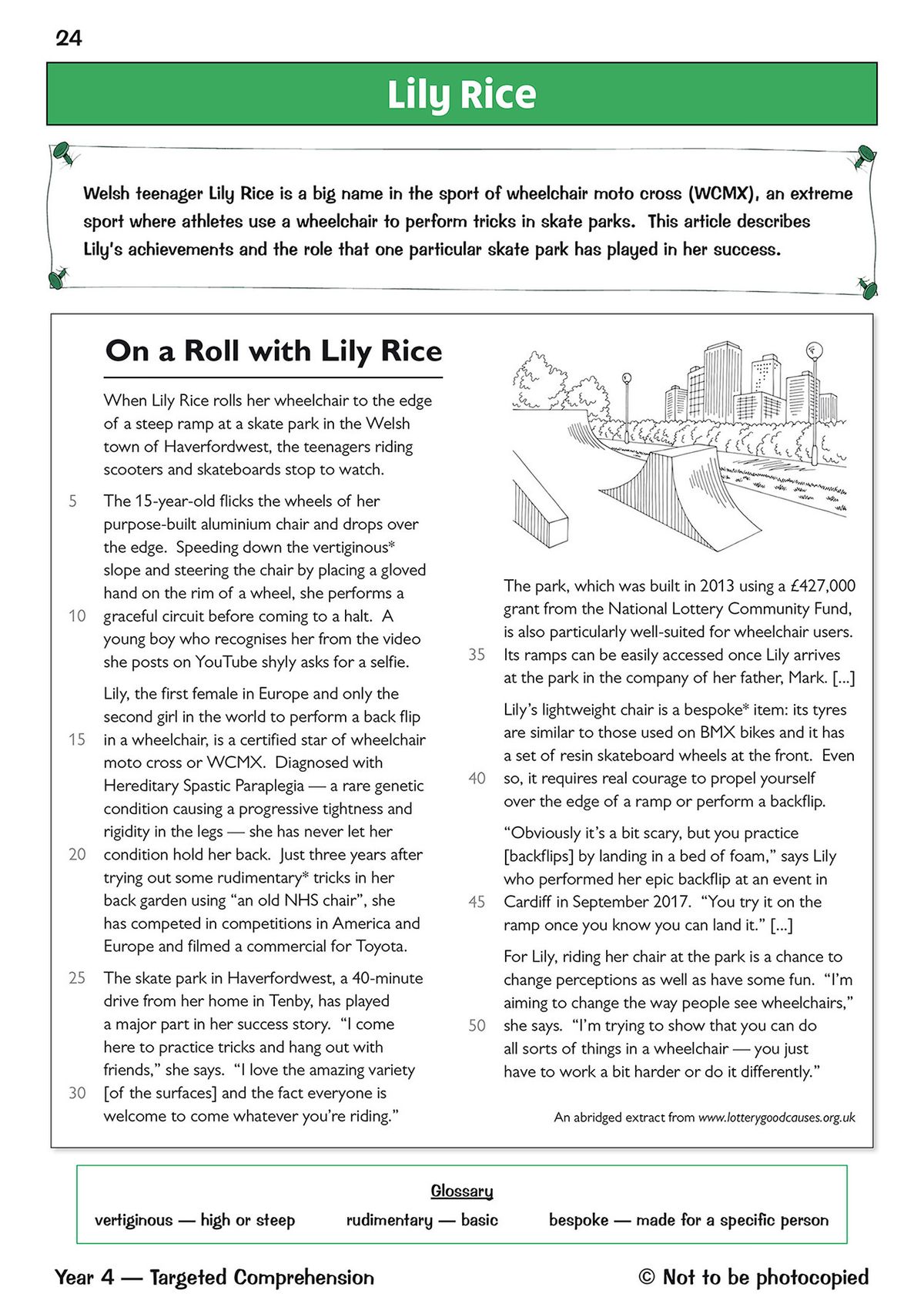 Inside page from the Year 4 reading comprehension workbook showing a text about Lily Rice, a teenage wheelchair athlete, with accompanying questions and glossary