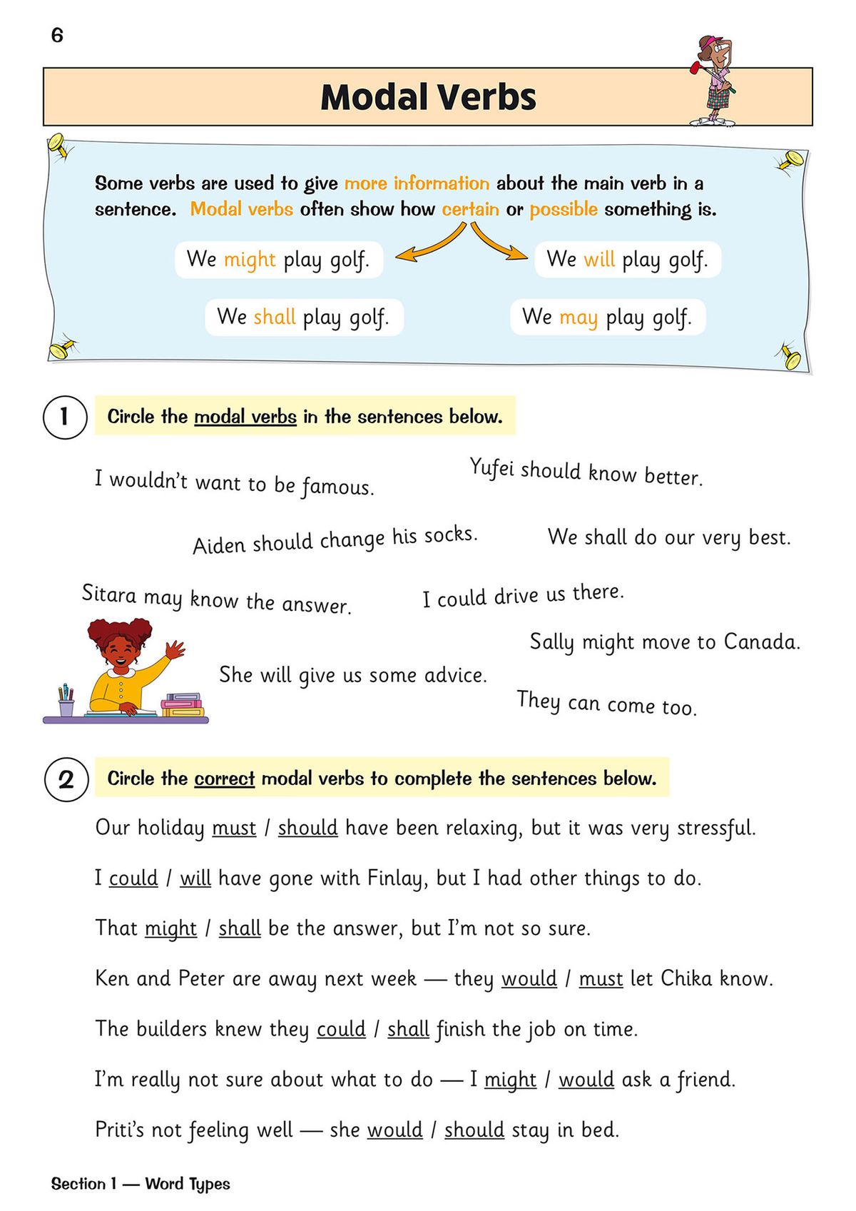 Sample page with sentence construction exercises and modal verb practice