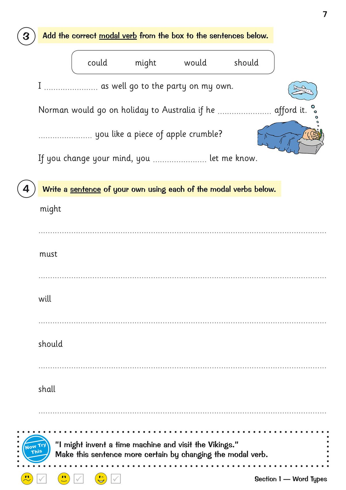 Sample page showing modal verbs explanation and practice questions