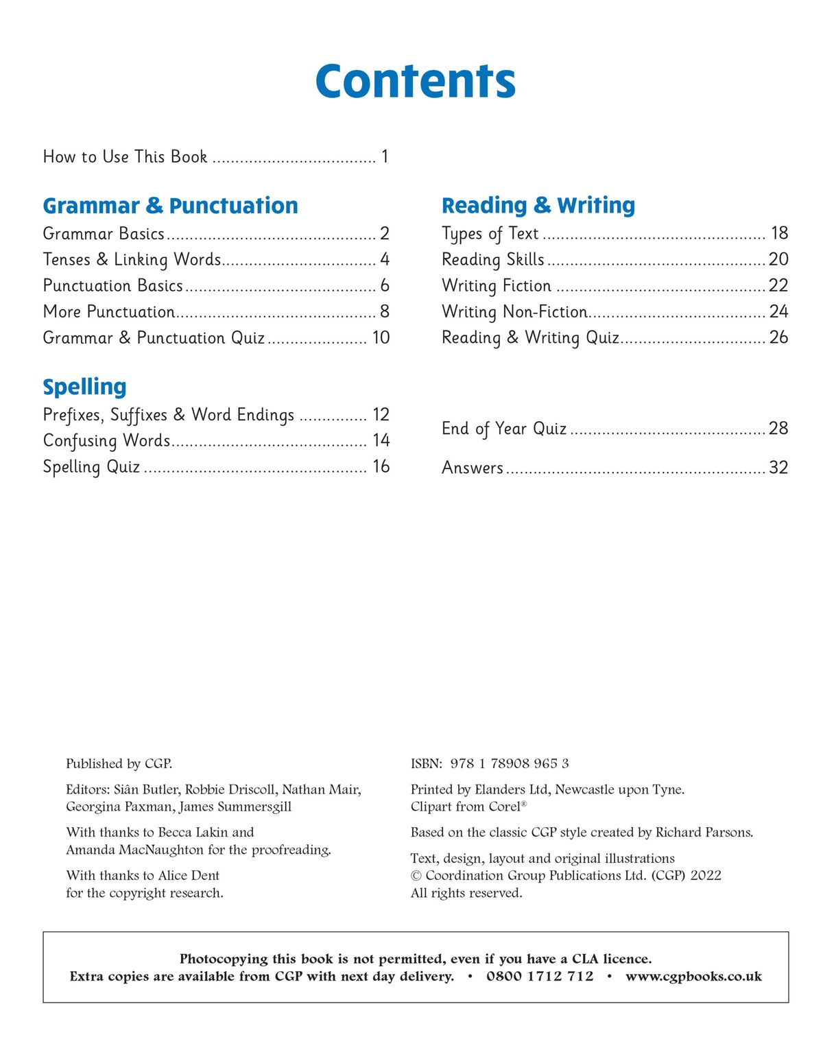 Contents page showing Grammar, Punctuation, Spelling, and Reading & Writing sections with answers included