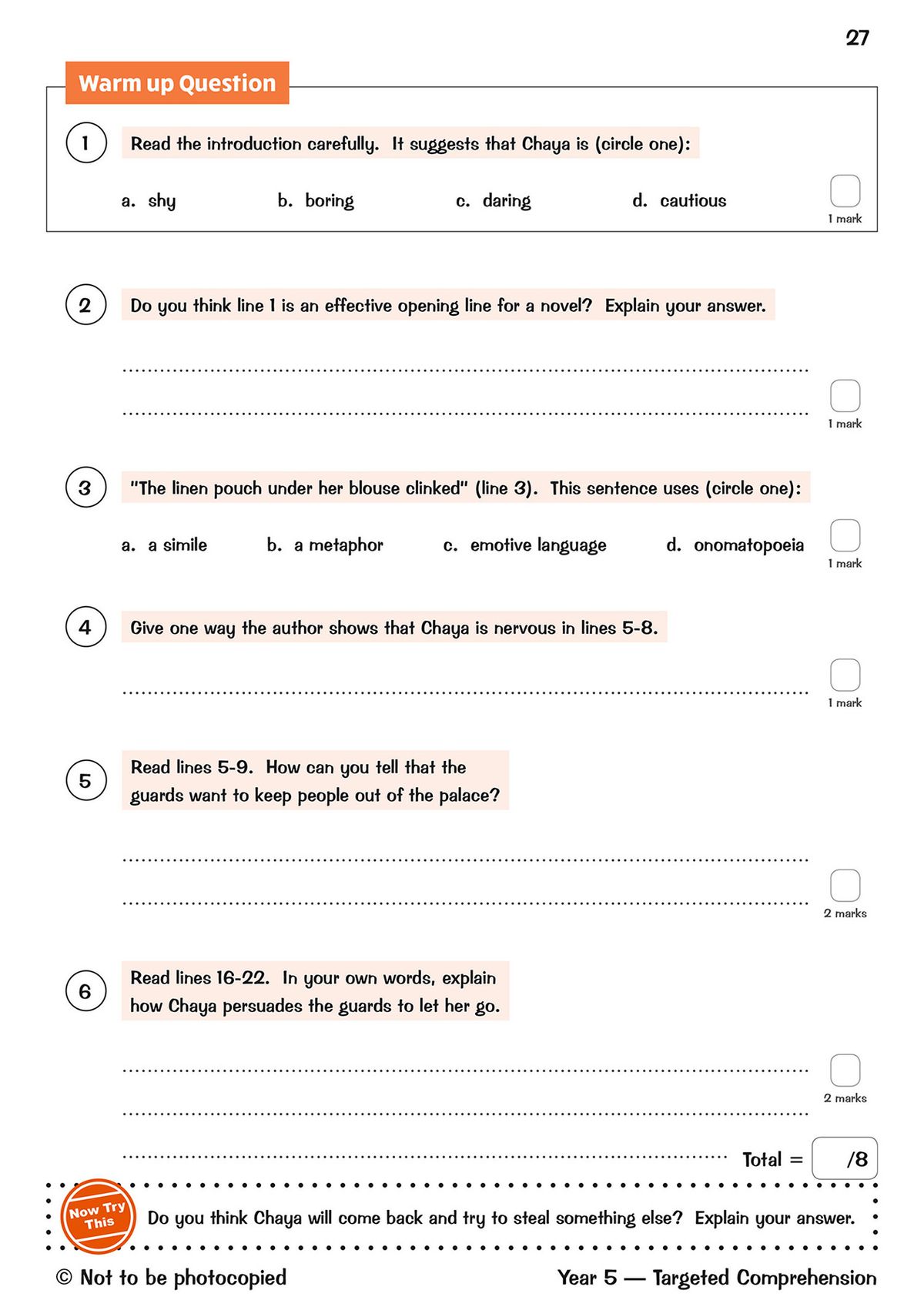 Further comprehension questions showing question format and answer space