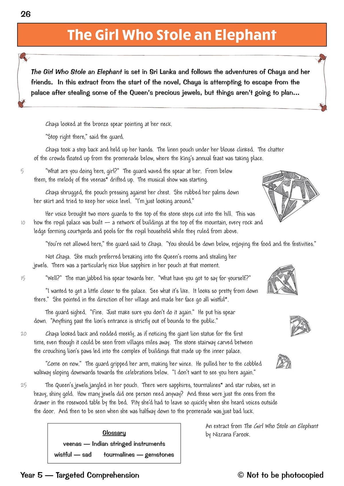 Sample text extract and comprehension questions from the Year 5 workbook