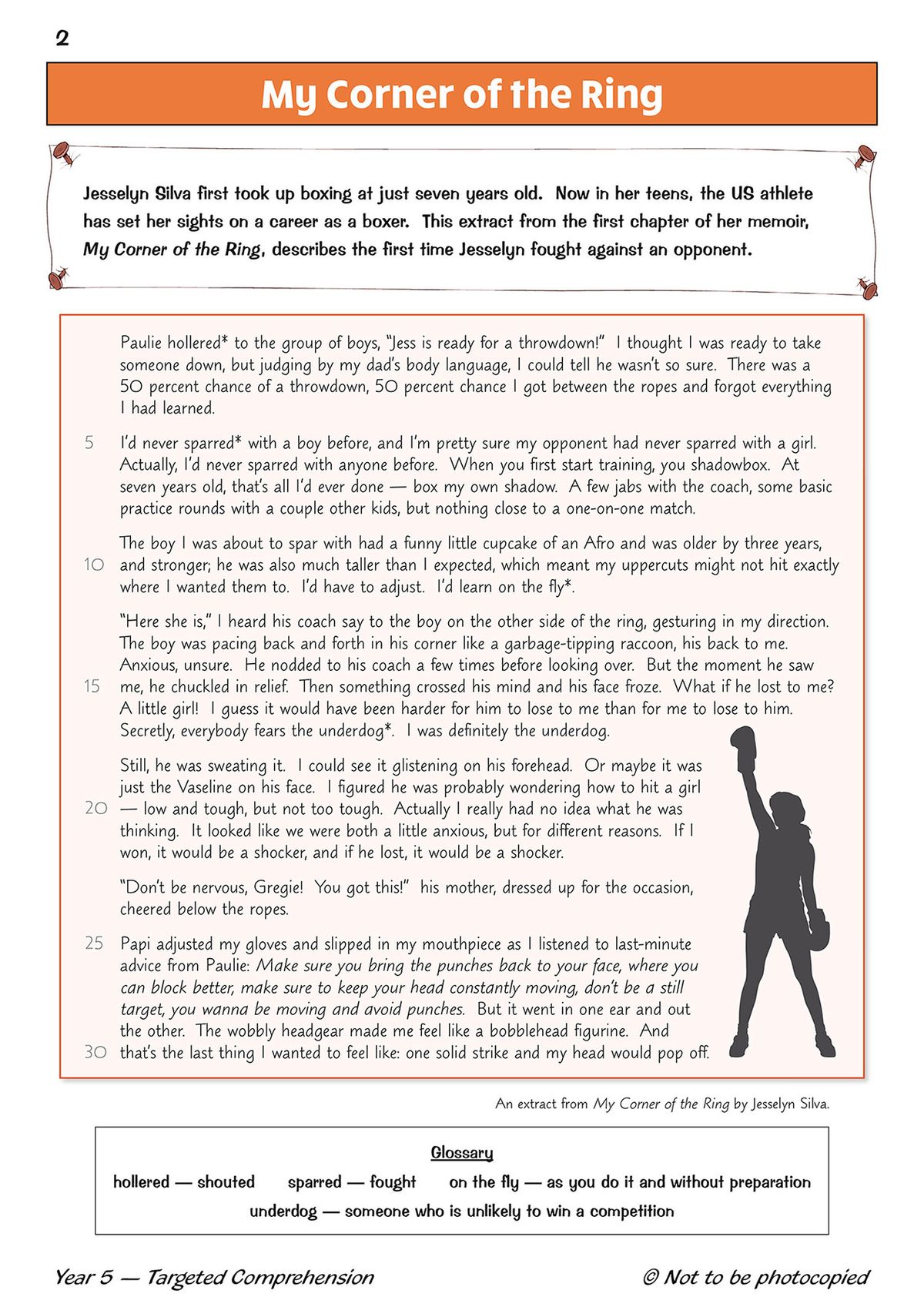 Sample page from the book showing an extract from My Corner of the Ring with comprehension questions