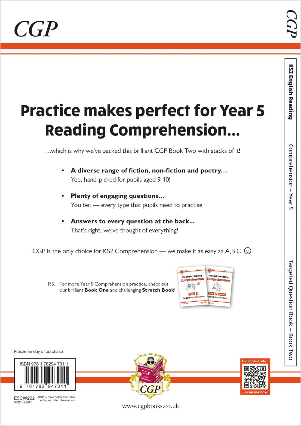 Back cover of CGP Year 5 Reading Comprehension Book 2 showing key features and contents