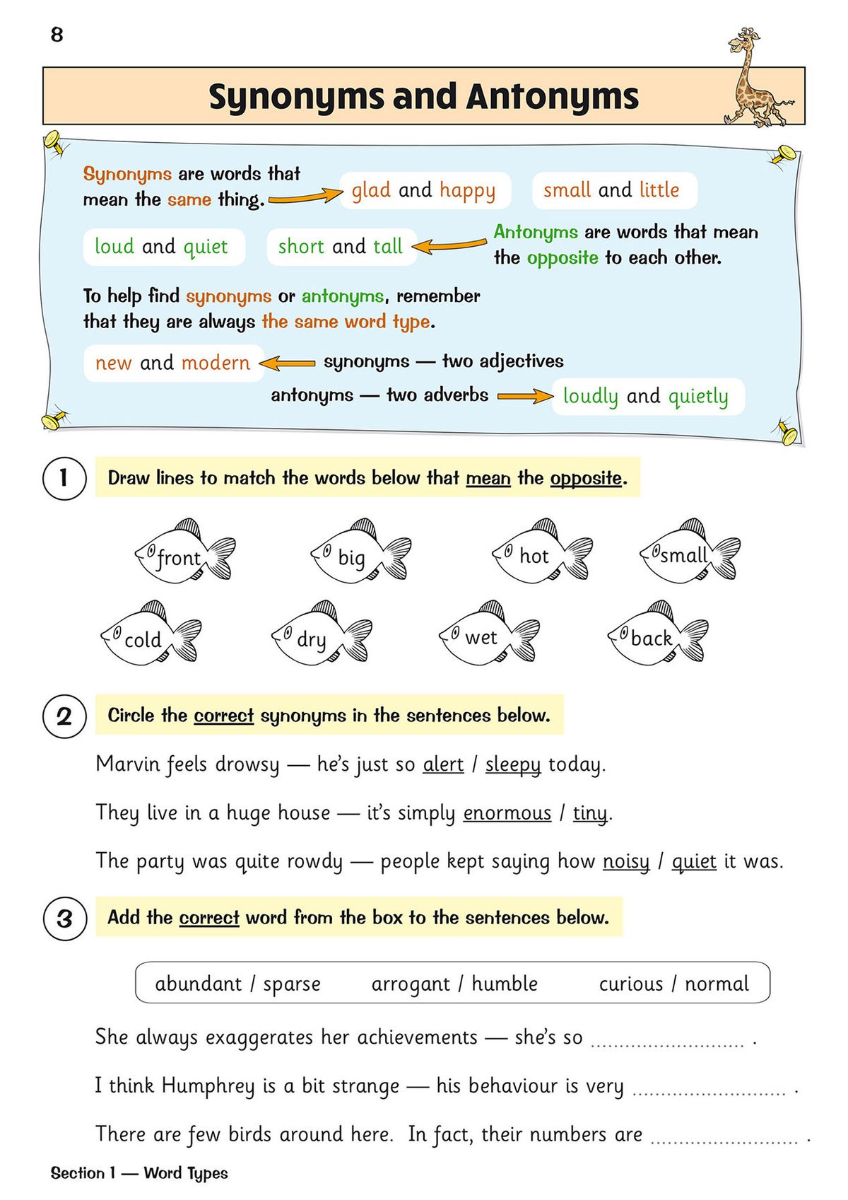 Sample page on sentence structure showing subject and object identification exercises with diagrams