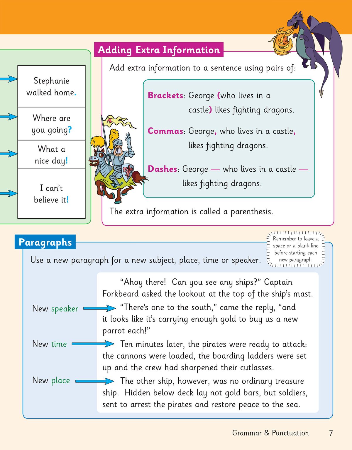 Page showing how to add extra information using brackets, commas and dashes, plus paragraph rules for new speakers, times and places