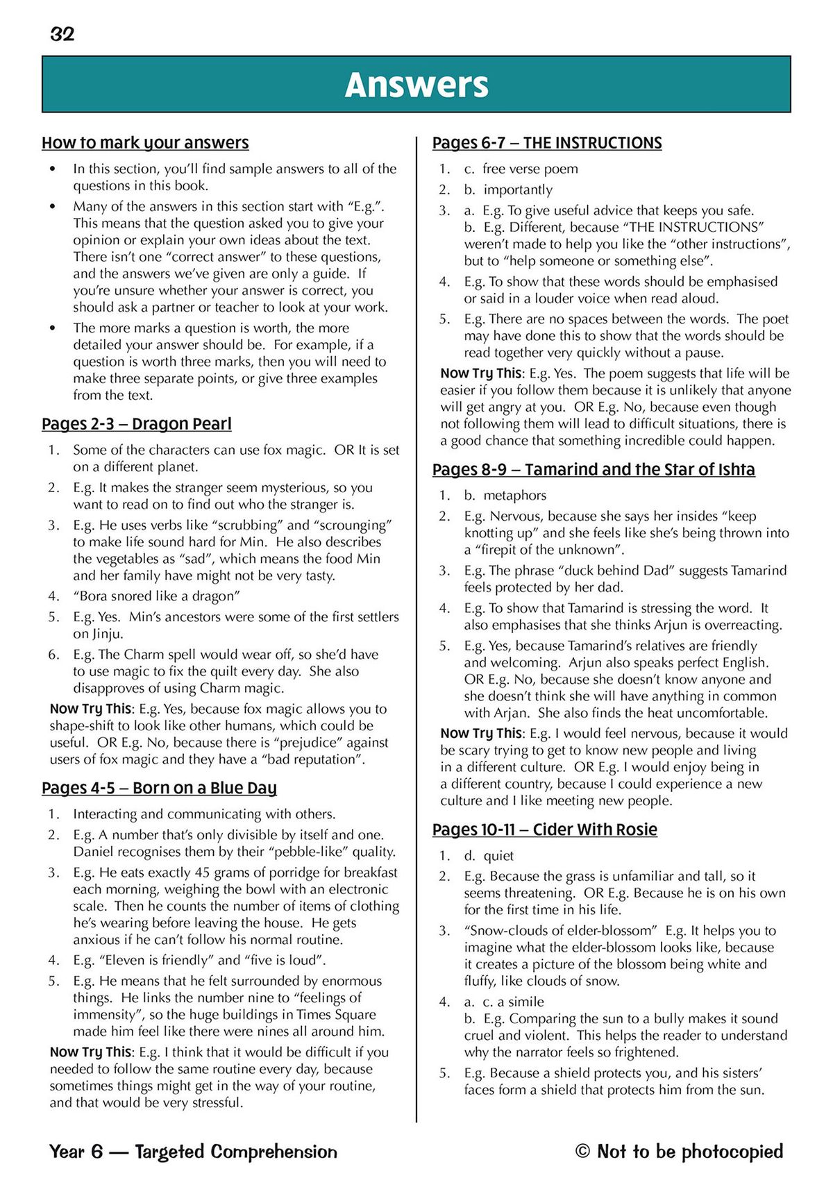 Sample answers page from the workbook showing detailed explanations and marking guidance