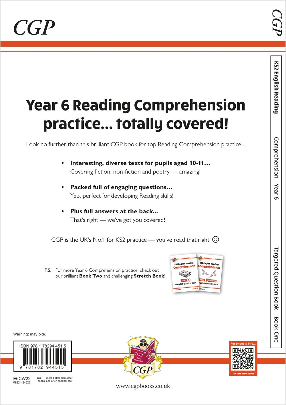 Back cover of the Year 6 Reading Comprehension workbook showing key features and practice details