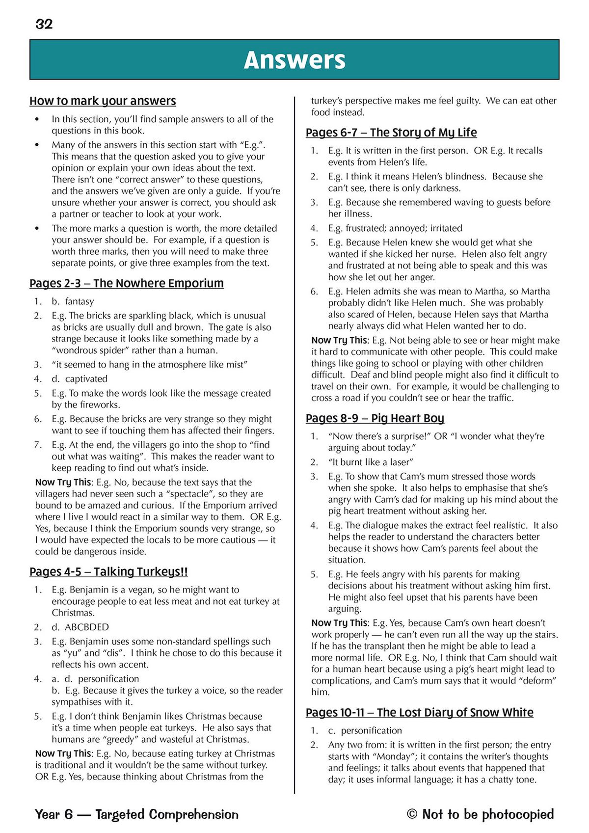 Answer pages showing sample answers and marking guidance
