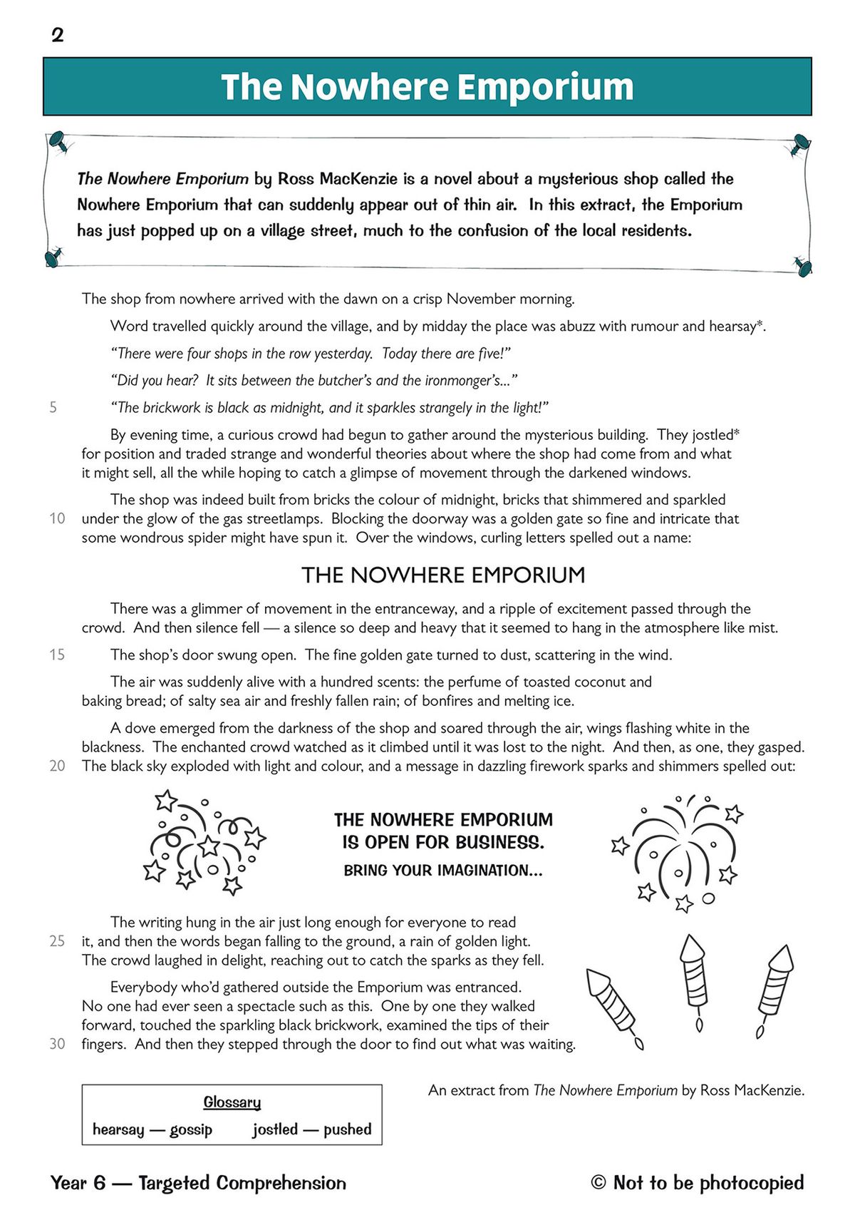 Sample page from The Nowhere Emporium showing comprehension questions