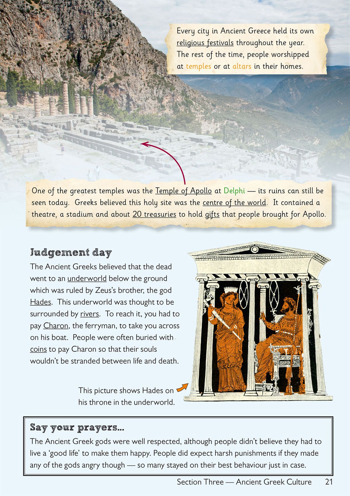 Inside page on Greek temples, judgement day and the underworld with illustrations