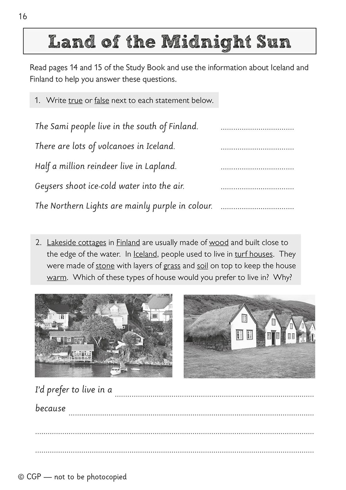 Sample pages from the Europe Activity Book showing activities about Iceland and Finland
