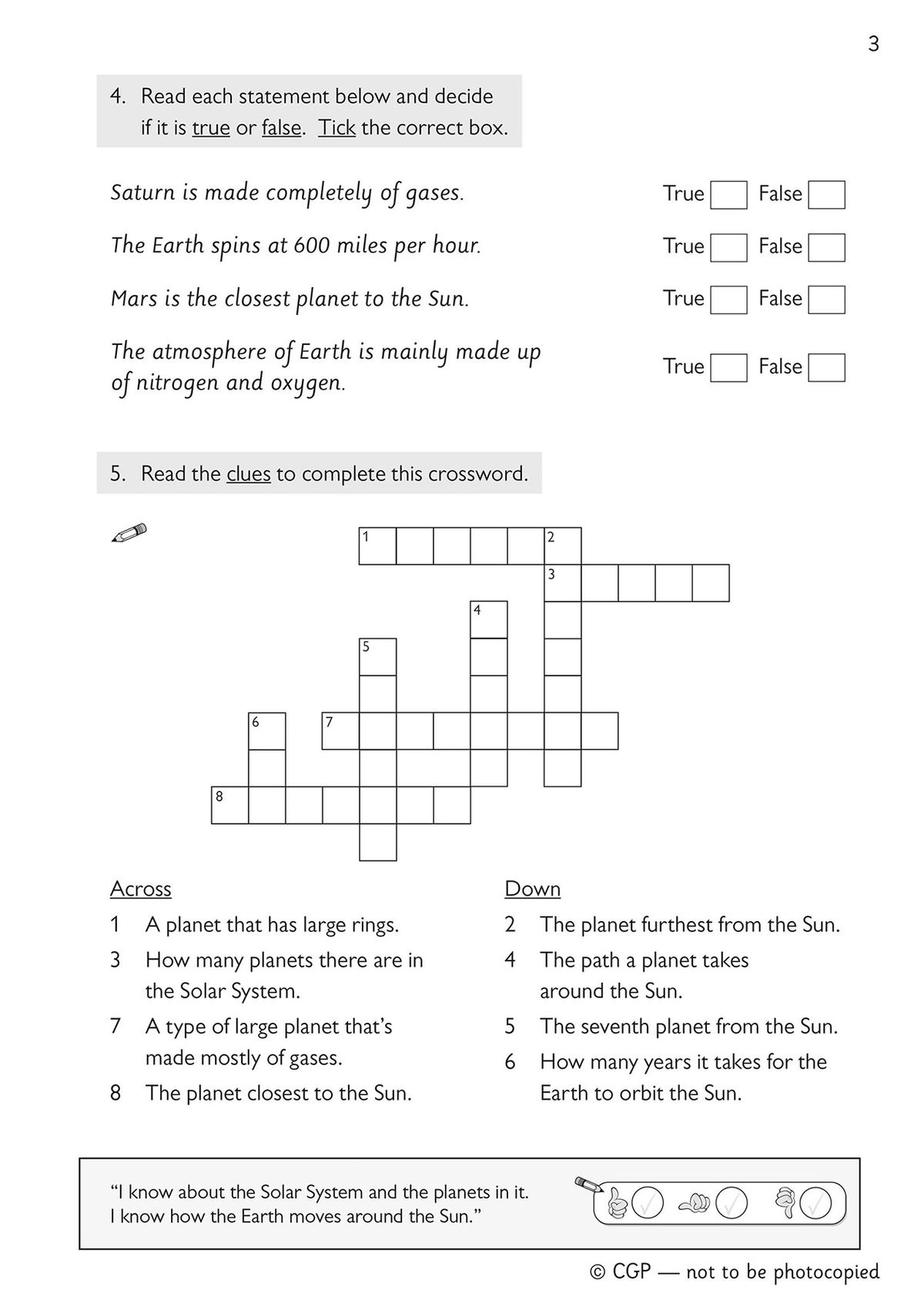 Sample page showing Solar System questions with diagrams and matching activities