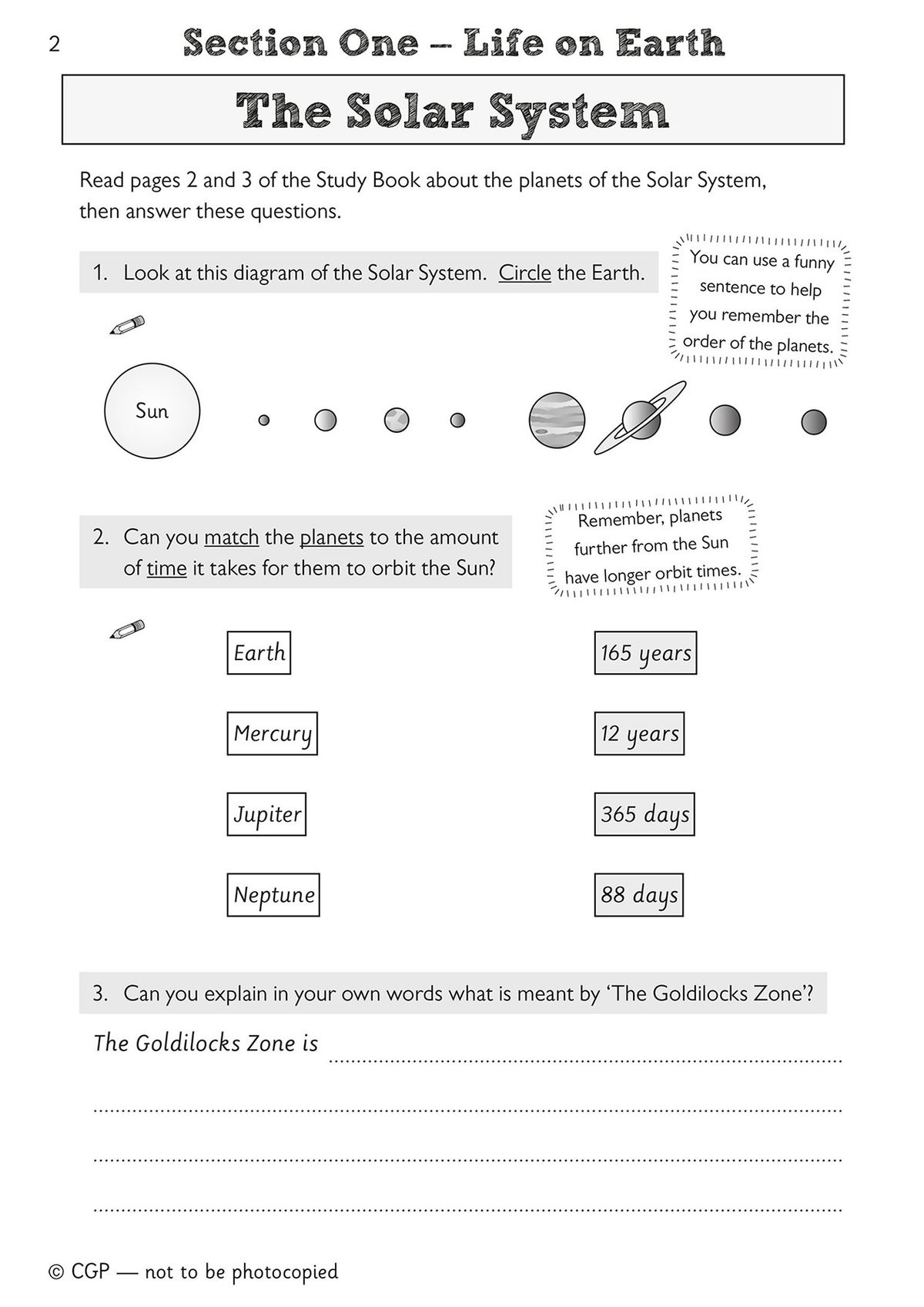 Sample page with true-or-false statements about planets and a Solar System crossword puzzle