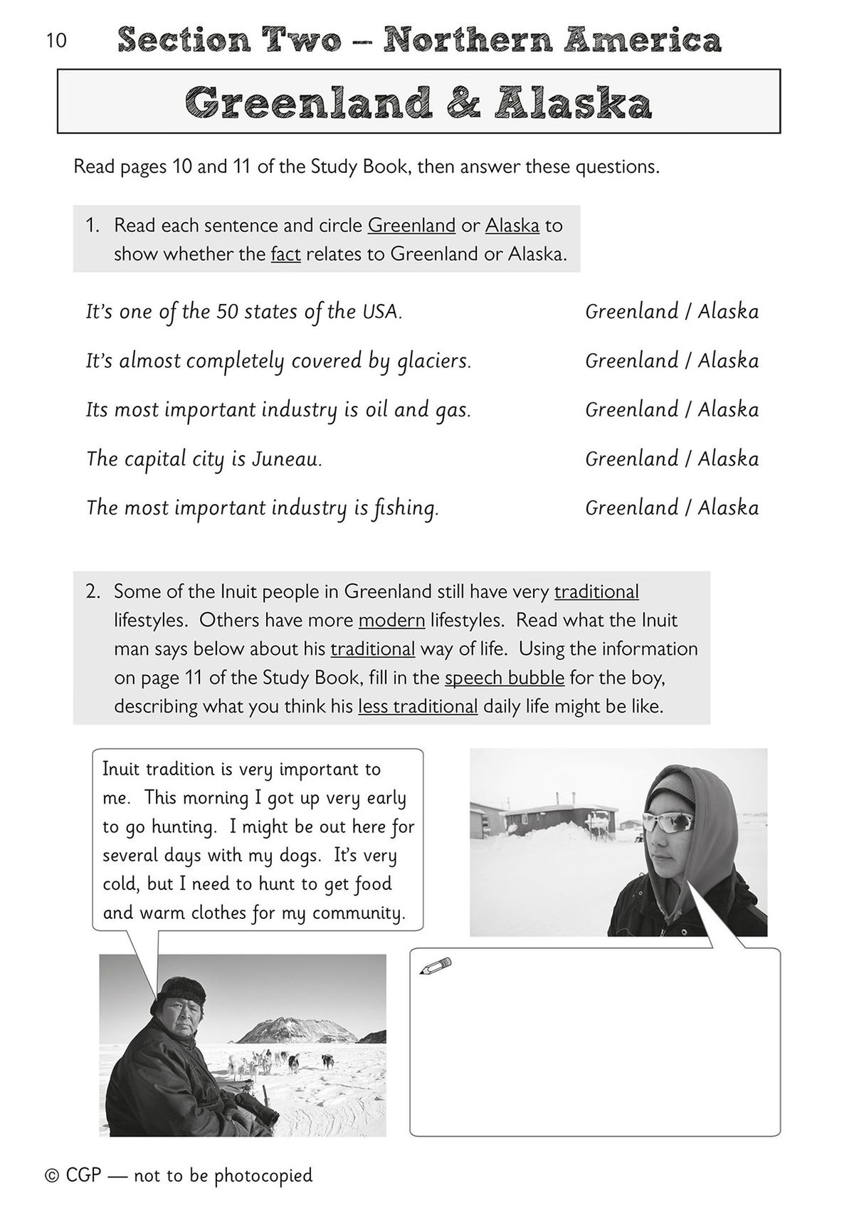 Activity page showing Greenland and Alaska geography exercises
