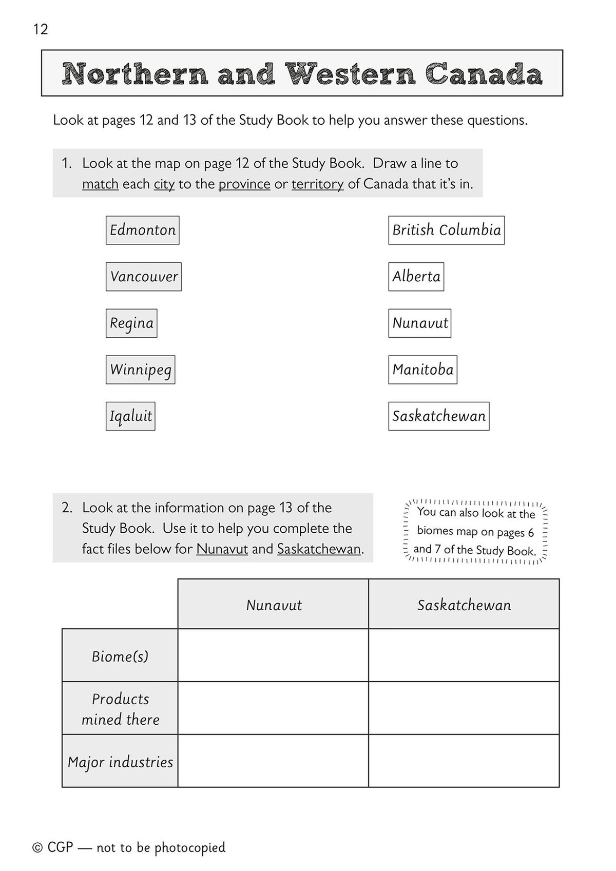 Activity page on Northern and Western Canada with matching and fact file exercises