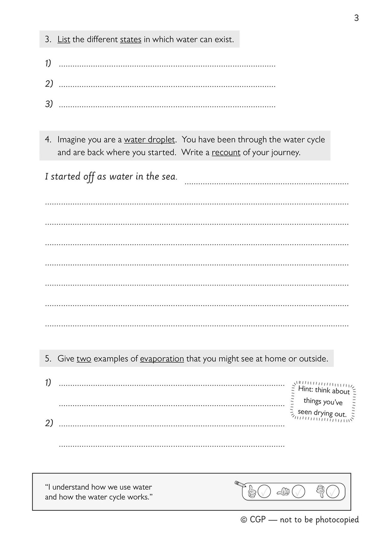 Water cycle activity page with labelling and creative writing tasks